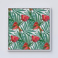 Warren Reed - Designer Tropical Flowers & Palm Leaves Framed Canvas in Off-White | Size: w40 inch x h40 inch