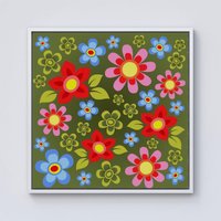 Warren Reed - Designer Red & Blue Flowers Framed Canvas in Off-White | Size: w40 inch x h40 inch