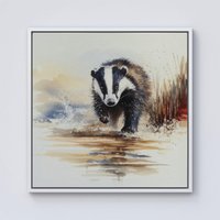 Warren Reed - Designer Wading Badger Watercolour Framed Canvas in Off-White | Size: W16" x H16"