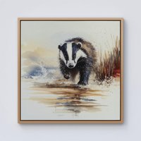 Warren Reed - Designer Wading Badger Watercolour Framed Canvas in Light Brown | Size: W16" x H16"