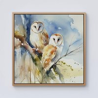 Warren Reed - Designer Barn Owls Watercolour Framed Canvas in Light Brown | Size: w10 inch x h10 inch