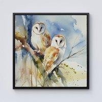 Warren Reed - Designer Barn Owls Watercolour Framed Canvas in Black | Size: W16" x H16"