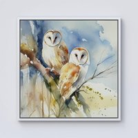 Warren Reed - Designer Barn Owls Watercolour Framed Canvas in Off-White | Size: w40 inch x h40 inch