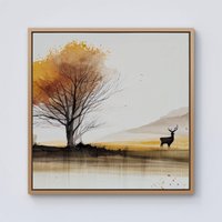 Warren Reed - Designer Autumn Landscape Stag Watercolour Framed Canvas in Light Brown | Size: W16" x H16"