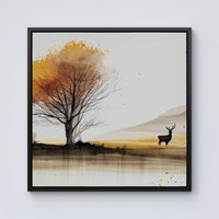 Warren Reed - Designer Autumn Landscape Stag Watercolour Framed Canvas in Black | Size: w40 inch x h40 inch