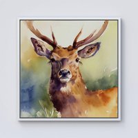 Warren Reed - Designer Splendid Stag Watercolour Framed Canvas in Off-White | Size: W30" x H30"