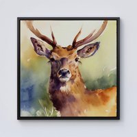 Warren Reed - Designer Splendid Stag Watercolour Framed Canvas in Black | Size: W30" x H30"