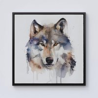 Warren Reed - Designer Wolf Watercolour Framed Canvas in Black | Size: W16" x H16"