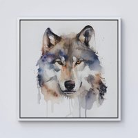 Warren Reed - Designer Wolf Watercolour Framed Canvas in Off-White | Size: W30" x H30"