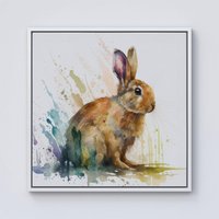 Warren Reed - Designer Rabbit Splash Watercolour Framed Canvas in Off-White | Size: W16" x H16"