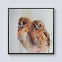 Warren Reed - Designer Loving Tawny Owls Watercolour Framed Canvas in Black | Size: W30" x H30"