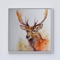 Warren Reed - Designer Majestic Stag Watercolour Framed Canvas in Off-White | Size: w40 inch x h40 inch