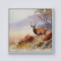 Warren Reed - Designer Stag Deer Water Colour Framed Canvas in Off-White | Size: W16" x H16"