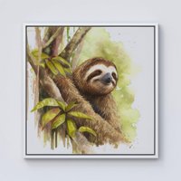 Warren Reed - Designer Sloth Watercolour Framed Canvas in Off-White | Size: W16" x H16"
