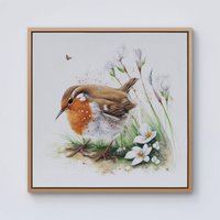Warren Reed - Designer Robin & Daisies Watercolour Framed Canvas in Light Brown | Size: W16" x H16"