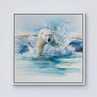 Warren Reed - Designer Hunting Polar Bear Watercolour Framed Canvas in Off-White | Size: w10 inch x h10 inch