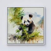 Warren Reed - Designer Panda Eating Bamboo Watercolour Framed Canvas in Off-White | Size: W30" x H30"