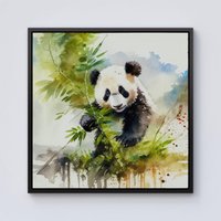 Warren Reed - Designer Panda Eating Bamboo Watercolour Framed Canvas in Black | Size: W30" x H30"