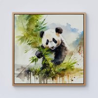 Warren Reed - Designer Panda Eating Bamboo Watercolour Framed Canvas in Light Brown | Size: w40 inch x h40 inch