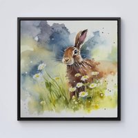 Warren Reed - Designer Hare & Daisies Watercolour Framed Canvas in Black | Size: w10 inch x h10 inch