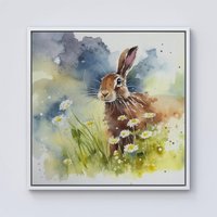 Warren Reed - Designer Hare & Daisies Watercolour Framed Canvas in Off-White | Size: w40 inch x h40 inch