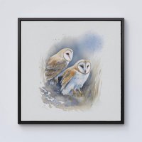 Warren Reed - Designer Barn Ano Owls Watercolour Framed Canvas in Black | Size: W30" x H30"