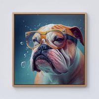 Warren Reed - Designer Bulldog With Glasses Splashart Framed Canvas in Light Brown | Size: w10 inch x h10 inch