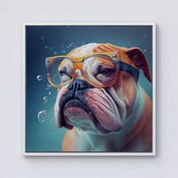Warren Reed - Designer Bulldog With Glasses Splashart Framed Canvas in Off-White | Size: W16" x H16"