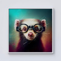 Warren Reed - Designer Ferret With Glasses Splashart Framed Canvas in Off-White | Size: w40 inch x h40 inch