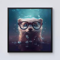 Warren Reed - Designer Ferret With Glasses Splashart Water Framed Canvas in Black | Size: W16" x H16"