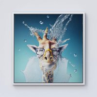 Warren Reed - Designer Giraffe With Glasses Splashart Framed Canvas in Off-White | Size: W30" x H30"