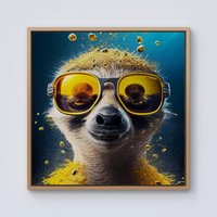 Warren Reed - Designer Meerkat With Golden Glasses Splashart Framed Canvas in Light Brown | Size: w10 inch x h10 inch