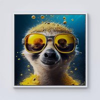 Warren Reed - Designer Meerkat With Golden Glasses Splashart Framed Canvas in Off-White | Size: w40 inch x h40 inch