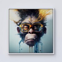 Warren Reed - Designer Monkey With Glasses Splashart Framed Canvas in Off-White | Size: W16" x H16"
