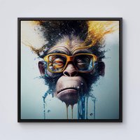 Warren Reed - Designer Monkey With Glasses Splashart Framed Canvas in Black | Size: W16" x H16"