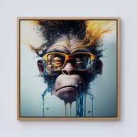 Warren Reed - Designer Monkey With Glasses Splashart Framed Canvas in Light Brown | Size: W16" x H16"