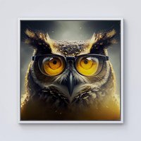 Warren Reed - Designer Owl With Glasses Splashart Framed Canvas in Off-White | Size: w10 inch x h10 inch