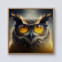 Warren Reed - Designer Owl With Glasses Splashart Framed Canvas in Light Brown | Size: W30" x H30"