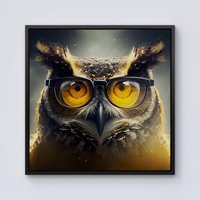 Warren Reed - Designer Owl With Glasses Splashart Framed Canvas in Black | Size: w40 inch x h40 inch