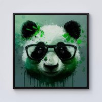 Warren Reed - Designer Panda With Glasses, Green Splashart Framed Canvas in Black | Size: w10 inch x h10 inch