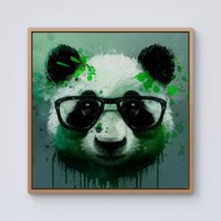 Warren Reed - Designer Panda With Glasses, Green Splashart Framed Canvas in Light Brown | Size: w10 inch x h10 inch