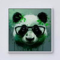 Warren Reed - Designer Panda With Glasses, Green Splashart Framed Canvas in Off-White | Size: W30" x H30"
