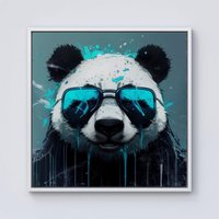 Warren Reed - Designer Panda With Blue Glasses Splashart Framed Canvas in Off-White | Size: W16" x H16"