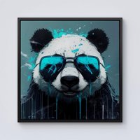 Warren Reed - Designer Panda With Blue Glasses Splashart Framed Canvas in Black | Size: W30" x H30"
