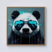 Warren Reed - Designer Panda With Blue Glasses Splashart Framed Canvas in Light Brown | Size: w40 inch x h40 inch