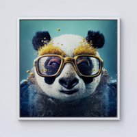 Warren Reed - Designer Panda With Golden Glasses Splashart Framed Canvas in Off-White | Size: W16" x H16"