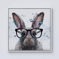 Warren Reed - Designer Rabbit With Glasses Splashart Framed Canvas in Off-White | Size: W16" x H16"
