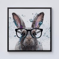 Warren Reed - Designer Rabbit With Glasses Splashart Framed Canvas in Black | Size: w40 inch x h40 inch