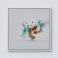 Warren Reed - Designer Charging Polar Bear Framed Canvas in Off-White | Size: w10 inch x h10 inch
