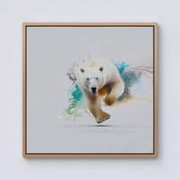 Warren Reed - Designer Charging Polar Bear Framed Canvas in Light Brown | Size: w10 inch x h10 inch